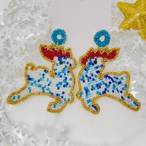 Handmade Beaded Earring, Reindeer Blue